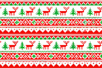 Pixelated christmas pattern with reindeer and trees in red and green on a white background design style