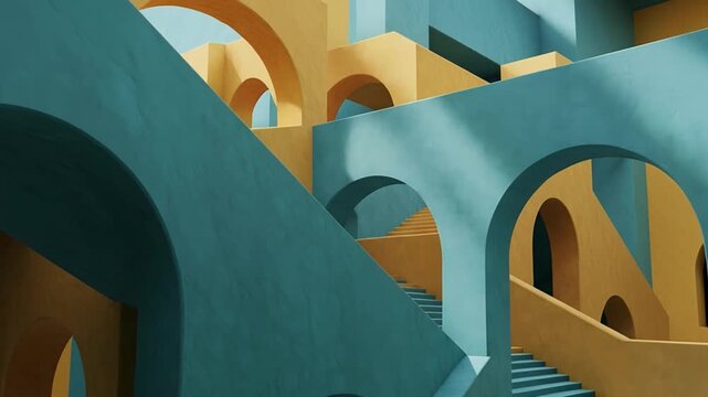 Architectural arches and staircases in teal and ochre cinematic seamless loop.