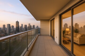 Fototapeta premium Modern Apartment Balcony View of City Skyline at Sunset, High Rise Living, Urban Residence