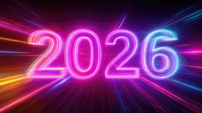 Neon 2026 Glowing Numbers with Dynamic Light Streaks