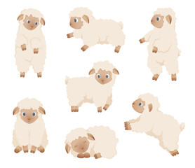 Lamb in various poses in neutral tones. Minimal cute set for kids designs and illustrations. Suitable for stickers, patterns, nursery prints, childrens books, posters, baby shower designs.