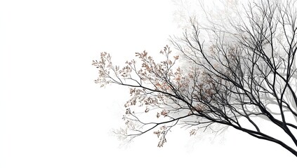 Obraz premium Striking Minimalist Composition featuring Dark Tree Branches with Tiny Leaves or Flowers against a Vast Bright Sky Background