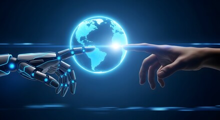 Robotic Hand and Human Finger Touching Near Glowing Earth Globe.