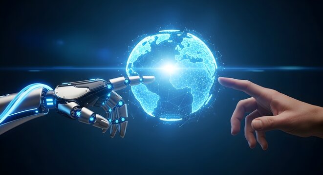 Robotic Hand and Human Finger Touching Digital Earth Globe. - Powered by Adobe