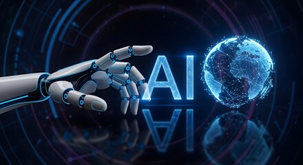 Robotic Hand Interacting with AI and Earth Globe Symbol.