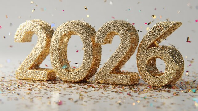 Golden 2026 New Year Celebration with Confetti on Gray Background