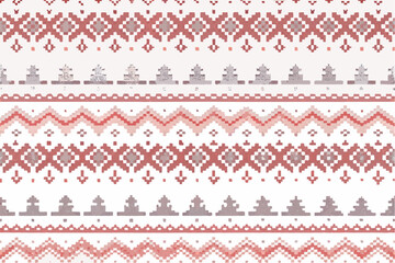 Pixelated pattern with geometric shapes and zigzags in shades of red gray and white creating a textile design