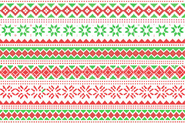 Red and green pixelated christmas pattern with geometric shapes and floral elements in a repeating design