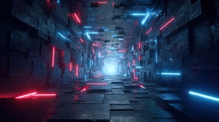 Futuristic Tunnel with Glowing Neon Lights, Abstract Background for Technology and Science Concepts