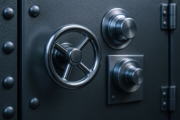 Close-up of a Secure Vault Door Mechanism with Combination Lock and Stainless Steel Handle