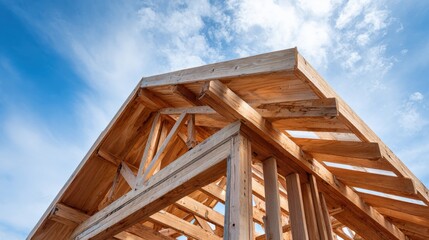 Wooden Home Construction Frame Against a Bright Blue Sky with Clouds, Representing Progress and New Beginnings