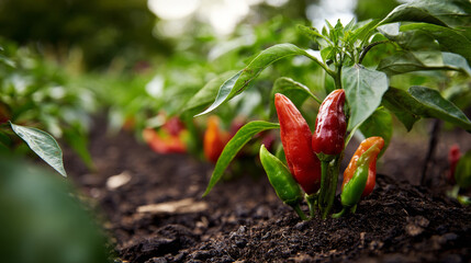 Chili peppers growing in a chili garden.