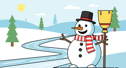 Obraz premium Snowman vector wearing scarf holding broomstick beside icy pathway with cheerful winter holiday theme