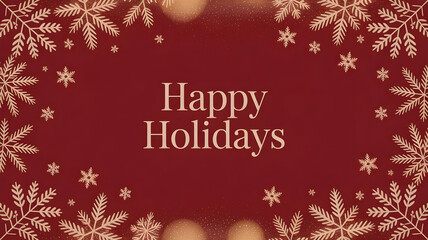 Elegant happy holidays greeting card design with gold snowflake border on red background