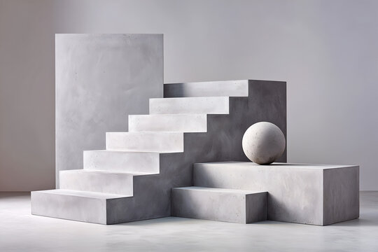 Minimal concrete staircase and sphere composition in soft studio light, perfect as a modern background for product display, branding or architecture concepts.