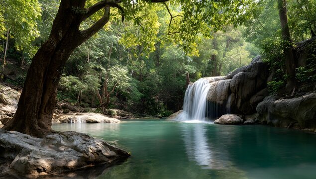 A beautiful panoramic view of a waterfall in a tropical jungle forest with a crystal clear pool - Powered by Adobe