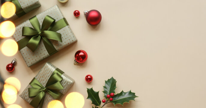 Christmas presents with green ribbon red ornaments and holly festive holiday background with bokeh lights - Powered by Adobe