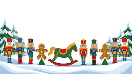 A colorful row of nutcracker soldier toy figures and gingerbread man cookies in snow