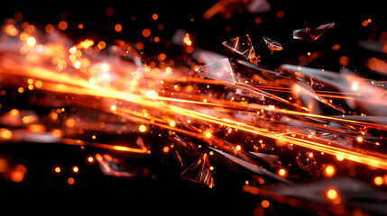 Exploding orange firewall with glowing light streaks and glass-like shards flying across a dark background, symbolizing cyber attack, data breach, digital explosion or high-energy abstract technology.