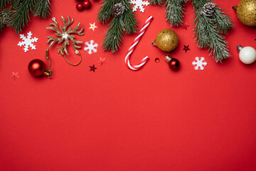 Christmas flat lay background on red.