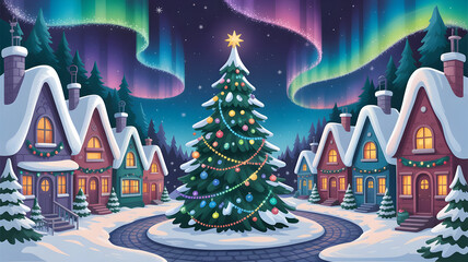 Cozy winter village square with decorated christmas tree under northern lights