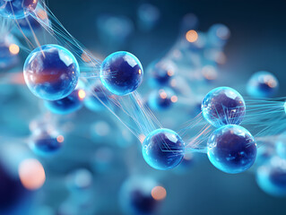 Glassy blue spheres connected by fine glowing fibers forming a futuristic molecular network, abstract illustration for AI, biotech and modern digital technology.