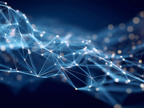 Glowing blue network of connected nodes forming a floating mesh on dark background, abstract illustration of neural networks, AI and digital data connections. - Powered by Adobe