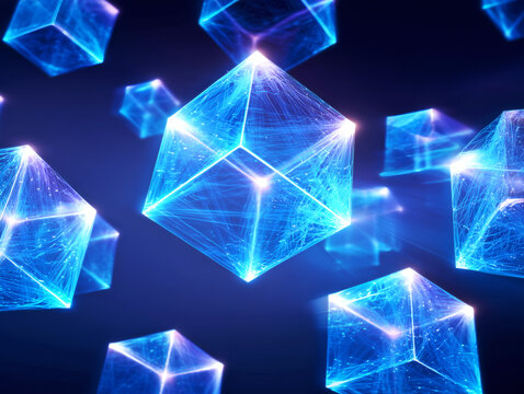 Floating glowing glass cubes filled with neon blue light trails, abstract futuristic illustration symbolizing blockchain data blocks, digital networks, and advanced technology in deep space.