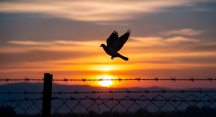 Silhouette of a bird in flight against a vibrant sunset over a barbed wire fence 1.