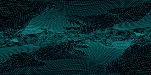 Technology perspective grid with mountain landscape background. Vector digital space wireframe landscape. Blue mesh on a black background