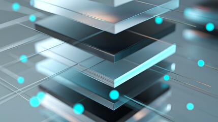 Floating multi-layer stack of glass and dark plates with data particles, abstract 3D illustration symbolizing digital architecture, cloud computing layers, and modern technology infrastructure.