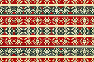 Repeating pattern of alternating red and green bands with floral design circles on a beige background