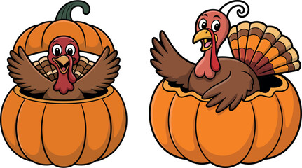 Cartoon Thanksgiving turkeys inside pumpkins for a whimsical seasonal decoration