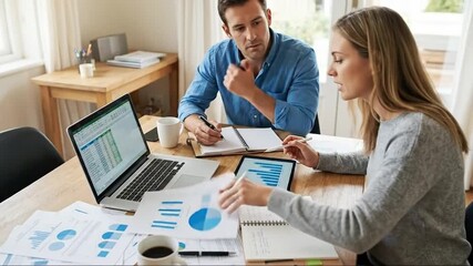 Focused Professionals Analyzing Financial Data and Business Reports Together in a Home Office Setting - Powered by Adobe