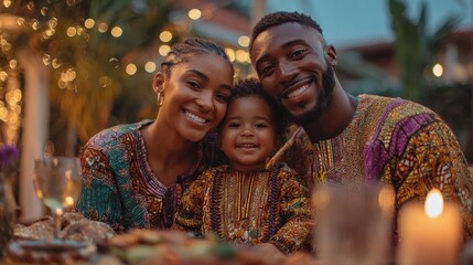 Happy African Family Celebrating Together Outdoors with Festive Lighting and Traditional Clothing, creating cherished moments