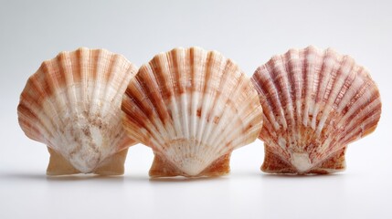 Three Scallop Shells in a Row, Displaying Textured Ribs and Natural Color Variations, Isolated on White