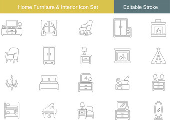 Home Furniture & Interior Icon Set | TV Stand, Curtains, Rocking Chair, Wardrobe, Fireplace, Armchair, Bed, Vanity, Nightstand, Teepee, Chandelier, Bunk Bed, Piano, Mirror Line Icons