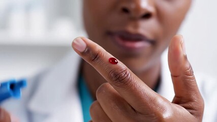 Person performing finger prick test with lancing device for health monitoring