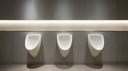 Modern Public Restroom with Ceramic Urinals and Ambient Lighting for Commercial or Editorial Use