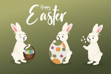 Happy Easter card design with rabbit decorating easter eggs.  vector illustration for poster, banner, card, postcard.