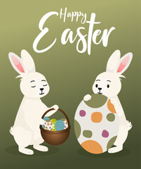 Happy Easter card design with rabbit decorating easter eggs.  vector illustration for poster, banner, card, postcard.