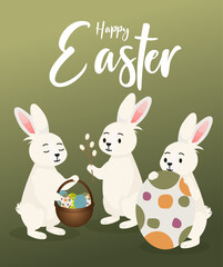 Happy Easter card design with rabbit decorating easter eggs.  vector illustration for poster, banner, card, postcard.
