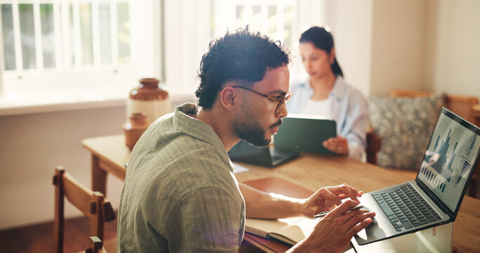 Technology, startup and man with laptop, connection and charts for stock market exchange. Coworking, people and woman with computer, online reading and graphs for increase, trading and network
