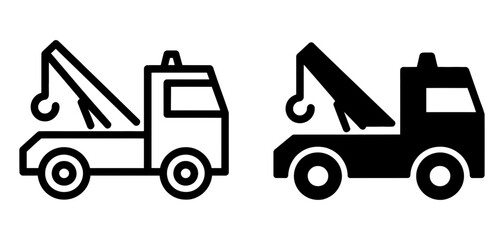 Naklejka premium Two tow truck icons side by side, one outline and one silhouette, representing towing and roadside assistance services for vehicles