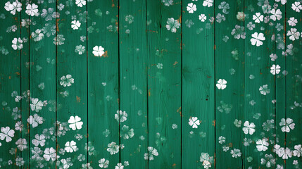 st. patrick's day-themed photography backdrop for children, with white clovers on green wooden planks. the wood has some subtle textures and is painted in shades of forest green. St patrick’s day back