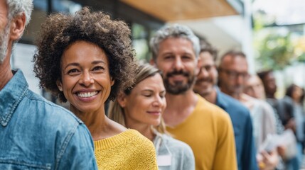 Obraz premium Diverse Group Standing in Line Smiling Waiting for an Event Happy and Positive Together