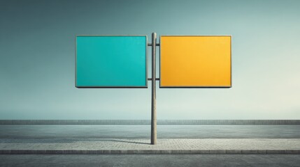 Blank Directional Sign with Blue and Yellow Boards for Customizable Messaging, Advertisement, or Wayfinding