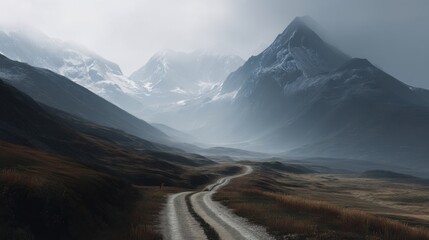 A winding dirt road cuts through a serene mountain landscape. Majestic peaks rise shrouded in mist creating a mysterious and tranquil scene during early morning light.