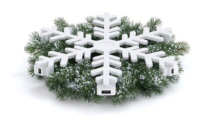 A white snowflake shaped usb hub on a christmas wreath isolated on white background