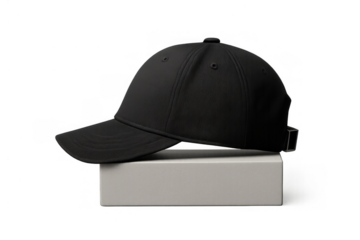 Black baseball cap template design showcasing a blank front for branding or logo placement, isolated with transparent background